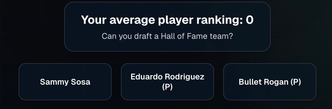 Baseball Builder draft showing three player choices